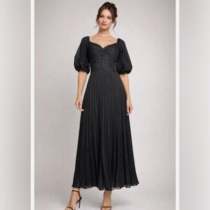 Abercrombie and Fitch Black Puff-Sleeve Pleated Midi Dress - XST